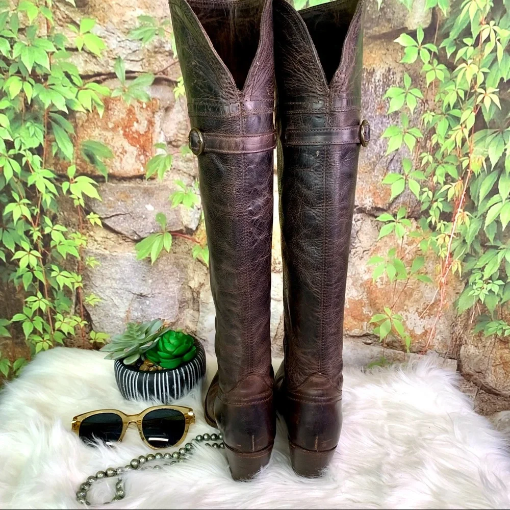 FRYE Classic Brown Jane Tall Cuff OTK Heeled Distressed Leather Boots, 6.5B